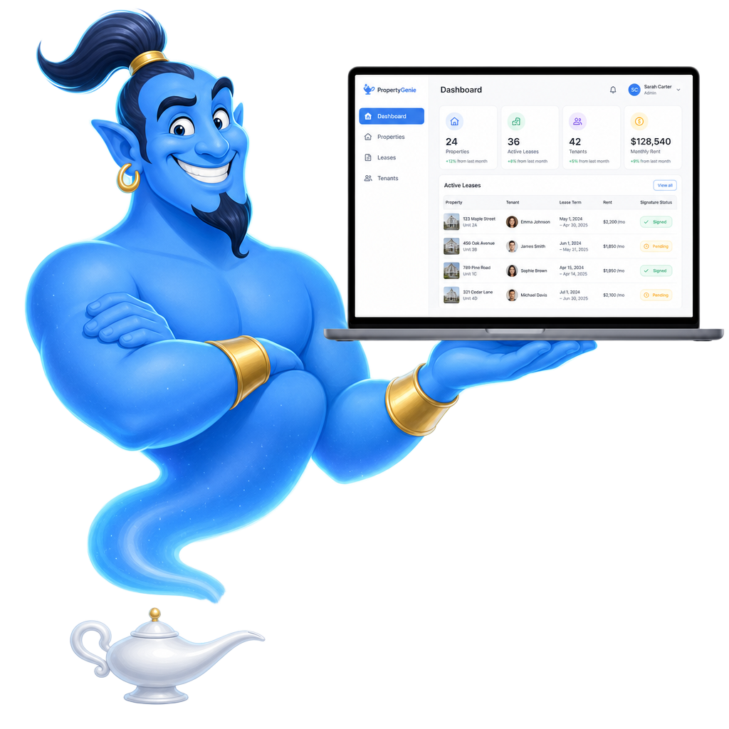 MyLeaseGenie holding a dashboard showing properties, leases and tenants